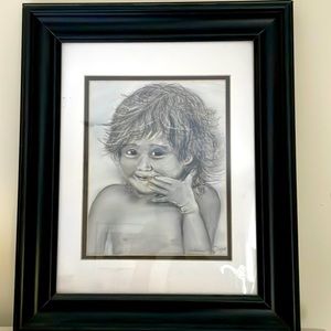 Original signed charcoal portrait of a young child frame matted and sign…